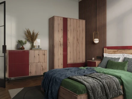 Шкаф двухстворчатый с ящиками Ливерпуль, вотан/бордо глянец 